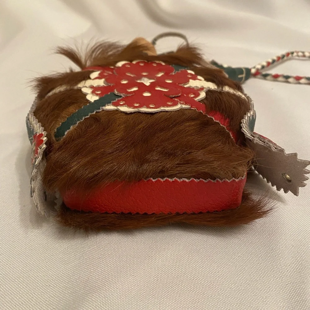Vintage Hungarian Handmade Genuine Fur, Leather Wood Wrapped Wine Decanter Flask